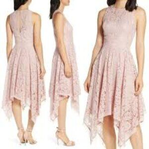 Eliza J Floral Lace Handkerchief Hem High Neck Midi Dress Blush Pink Lace 8